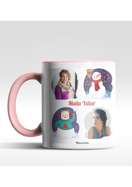 Kişiye Özel Mutlu Yıllar 2 Fotoğraflı Tasarımlı Pembe Kupa