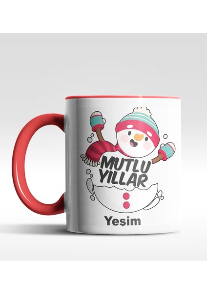 Kişiye Özel Mutlu Yıllar Kardan Adam Tasarımlı Kırmızı Kupa