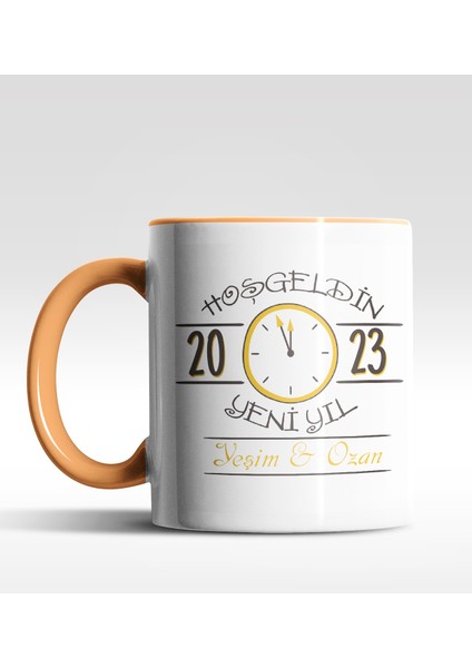 Kişiye Özel Hoş Geldin 2022 Saat Tasarımlı Turuncu Kupa