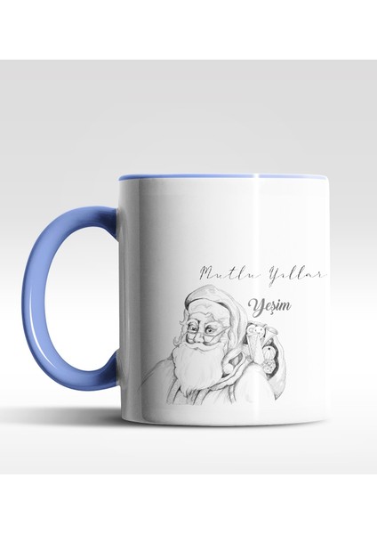 Kişiye Özel Noel Baba Mutlu Yıllar Tasarımlı Mavi Kupa