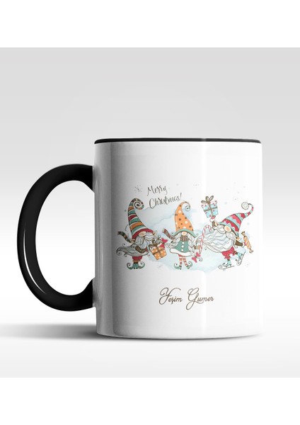 Kişiye Özel Gnome 3'lü Cüce Tasarımlı Siyah Kupa