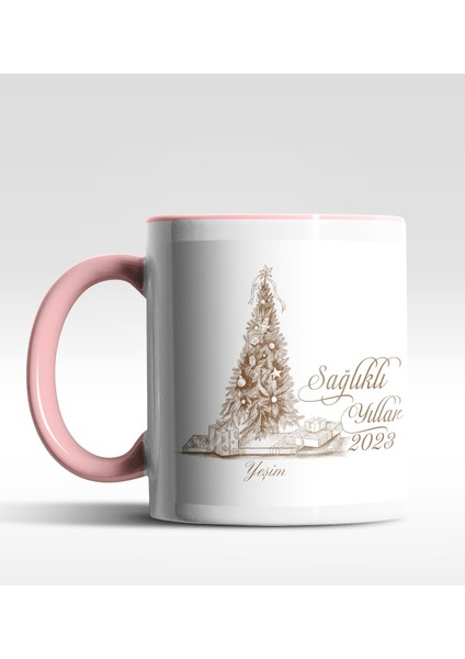 Kişiye Özel Sağlıklı Yıllar Çam Ağacı Tasarımlı Pembe Kupa