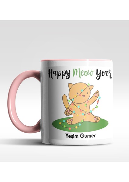 Kişiye Özel Happy Meow Year Kedi Tasarımlı Pembe Kupa