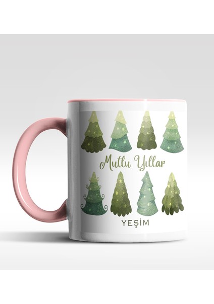 Kişiye Özel Mutlu Yıllar Çam Ağacı Tasarımlı Pembe Kupa