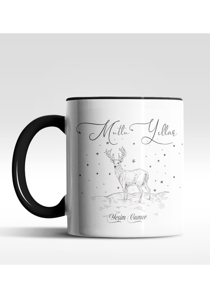 Kişiye Özel Mutlu Yıllar Geyik Tasarımlı Siyah Kupa