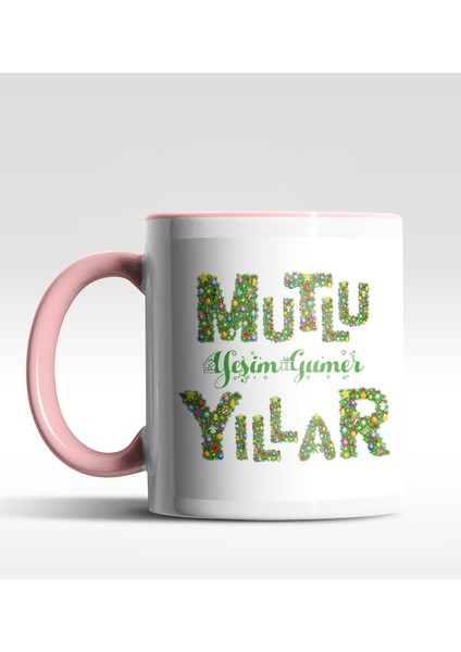 Kişiye Özel Mutlu Yıllar Text Tasarımlı Pembe Kupa