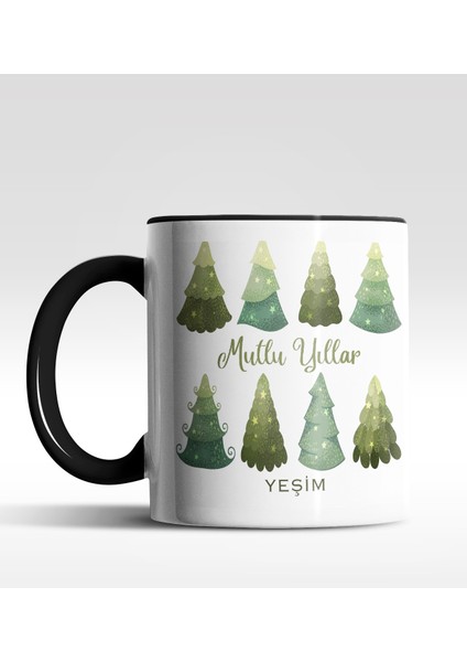 Kişiye Özel Mutlu Yıllar Çam Ağacı Tasarımlı Siyah Kupa