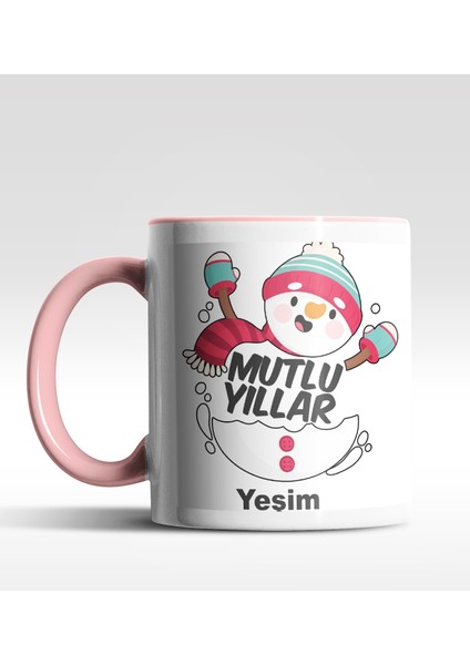 Kişiye Özel Mutlu Yıllar Kardan Adam Tasarımlı Pembe Kupa