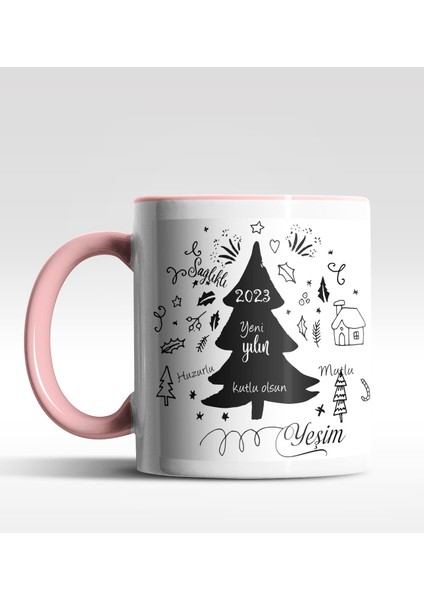 Kişiye Özel Yeni Yılın Kutlu Olsun Çam Ağacı Tasarımlı Pembe Kupa