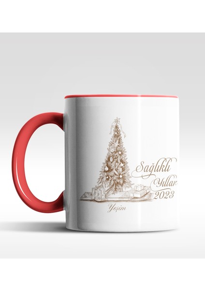 Kişiye Özel Sağlıklı Yıllar Çam Ağacı Tasarımlı Kırmızı Kupa