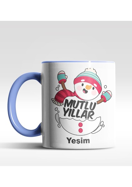 Kişiye Özel Mutlu Yıllar Kardan Adam Tasarımlı Mavi Kupa