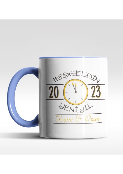 Kişiye Özel Hoş Geldin 2022 Saat Tasarımlı Mavi Kupa