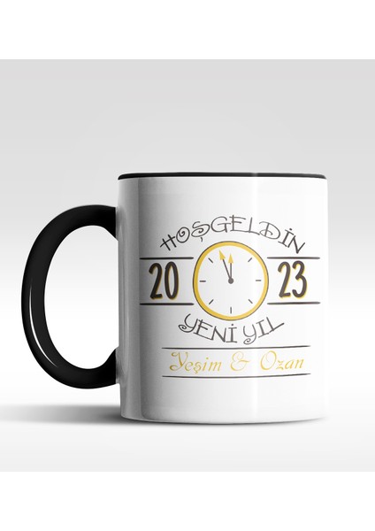 Kişiye Özel Hoş Geldin 2022 Saat Tasarımlı Siyah Kupa