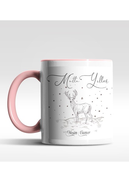 Kişiye Özel Mutlu Yıllar Geyik Tasarımlı Pembe Kupa