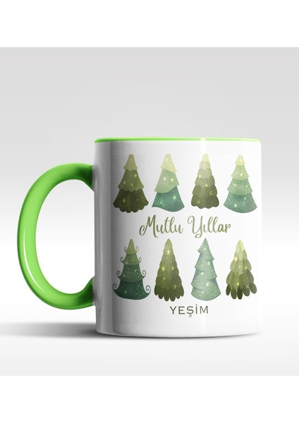 Kişiye Özel Mutlu Yıllar Çam Ağacı Tasarımlı Yeşil Kupa
