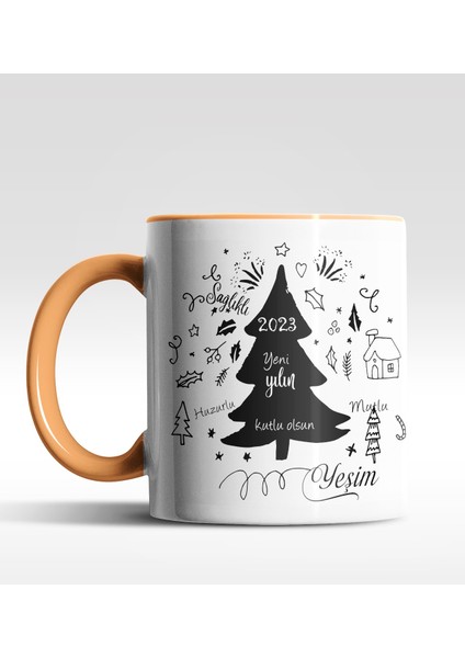Kişiye Özel Yeni Yılın Kutlu Olsun Çam Ağacı Tasarımlı Turuncu Kupa
