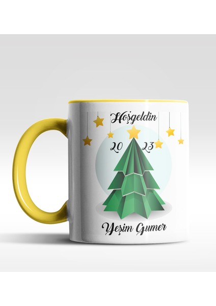 Kişiye Özel Hoş Geldin 2022 Çam Ağacı Tasarımlı Sarı Kupa