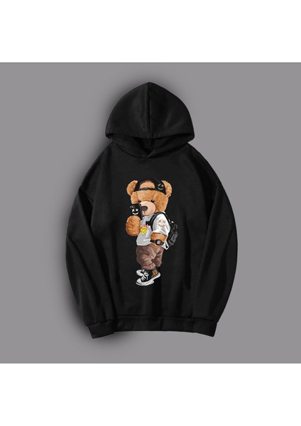 Erkek Siyah Ayıcık Baskılı Oversize Hoodie