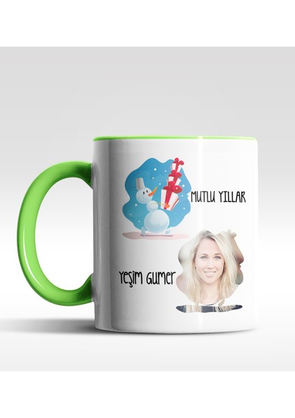 Kişiye Özel Mutlu Yıllar Fotoğraflı Tasarımlı Yeşil Kupa