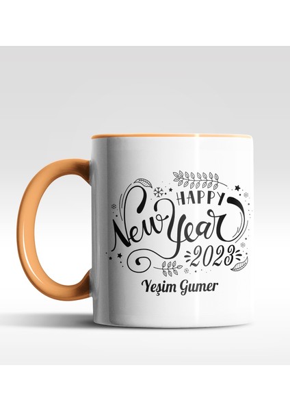 Kişiye Özel Happy New Year 2022 Tasarımlı Turuncu Kupa