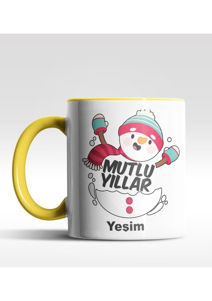 Kişiye Özel Mutlu Yıllar Kardan Adam Tasarımlı Sarı Kupa