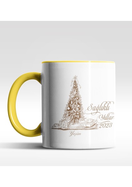 Kişiye Özel Sağlıklı Yıllar Çam Ağacı Tasarımlı Sarı Kupa