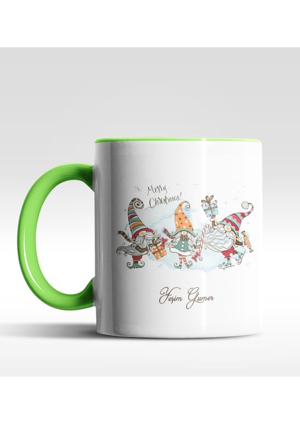 Kişiye Özel Gnome 3'lü Cüce Tasarımlı Yeşil Kupa