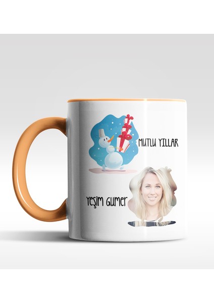 Kişiye Özel Mutlu Yıllar Fotoğraflı Tasarımlı Turuncu Kupa