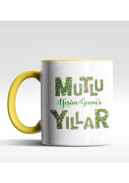 Kişiye Özel Mutlu Yıllar Text Tasarımlı Sarı Kupa