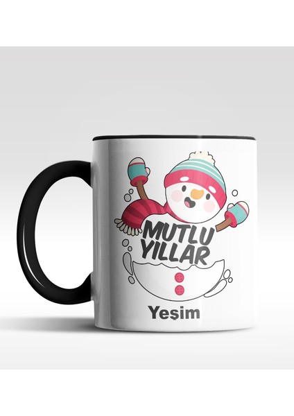 Kişiye Özel Mutlu Yıllar Kardan Adam Tasarımlı Siyah Kupa