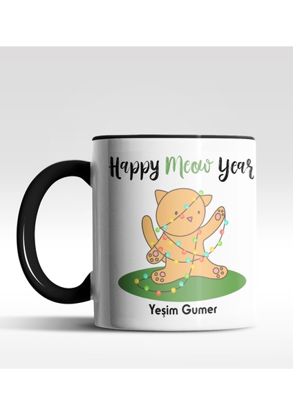 Kişiye Özel Happy Meow Year Kedi Tasarımlı Siyah Kupa