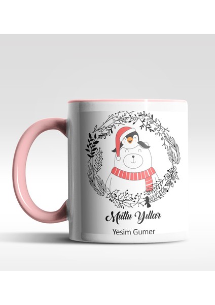 Kişiye Özel Mutlu Yıllar Kutup Ayısı Penguen Tasarımlı Pembe Kupa
