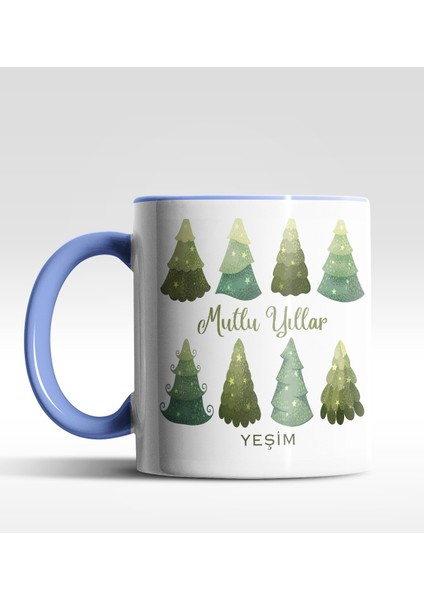Kişiye Özel Mutlu Yıllar Çam Ağacı Tasarımlı Mavi Kupa