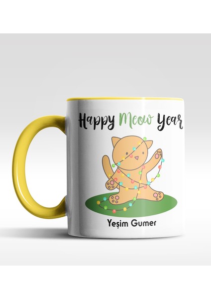 Kişiye Özel Happy Meow Year Kedi Tasarımlı Sarı Kupa