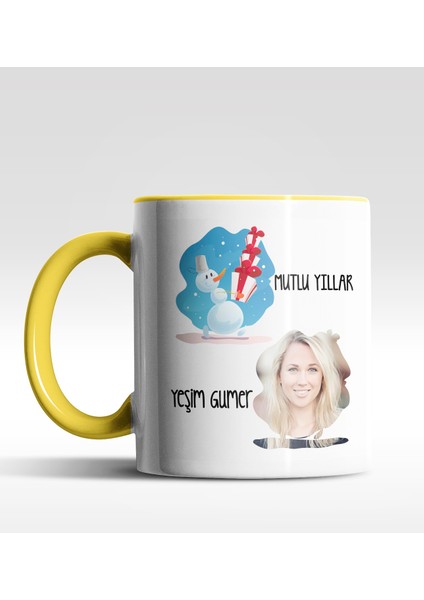 Kişiye Özel Mutlu Yıllar Fotoğraflı Tasarımlı Sarı Kupa