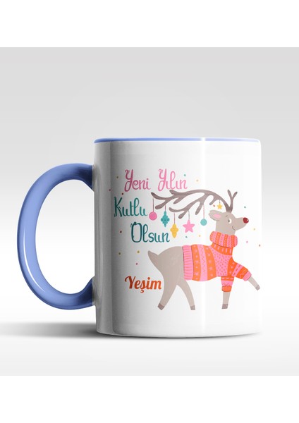 Kişiye Özel Yeni Yılın Kutlu Olsun Geyik Tasarımlı Mavi Kupa