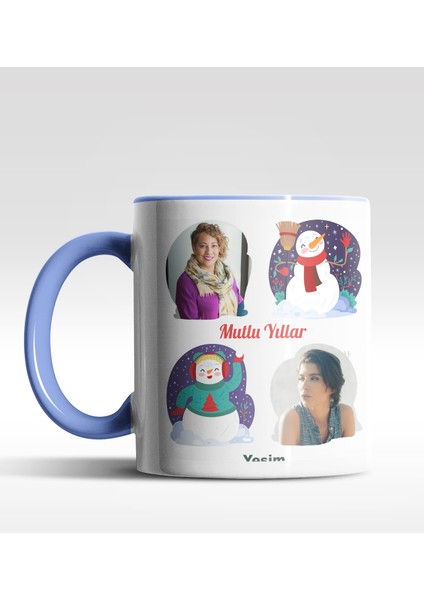Kişiye Özel Mutlu Yıllar 2 Fotoğraflı Tasarımlı Mavi Kupa