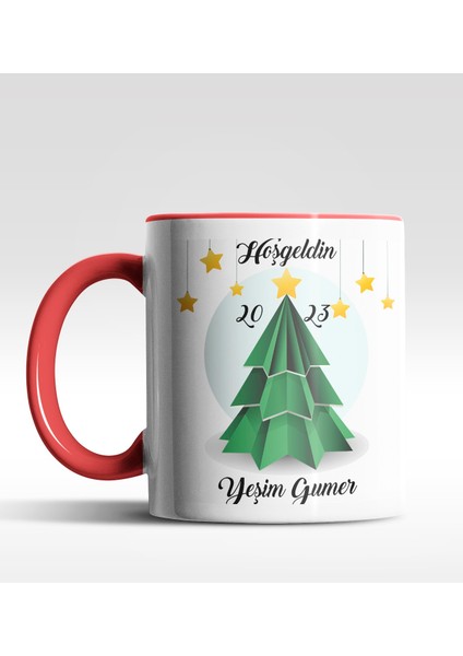 Kişiye Özel Hoş Geldin 2022 Çam Ağacı Tasarımlı Kırmızı Kupa