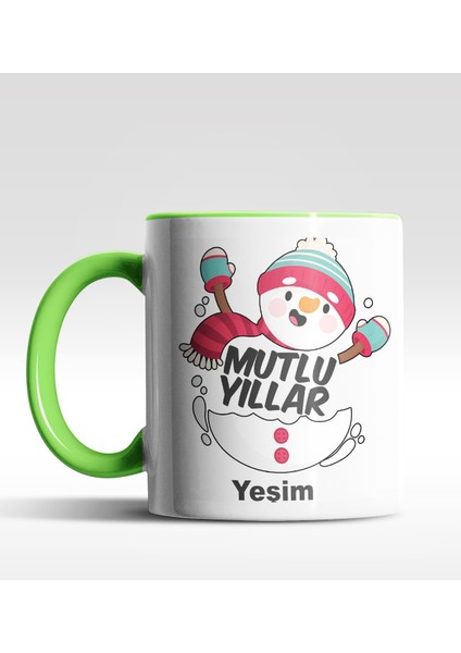 Kişiye Özel Mutlu Yıllar Kardan Adam Tasarımlı Yeşil Kupa