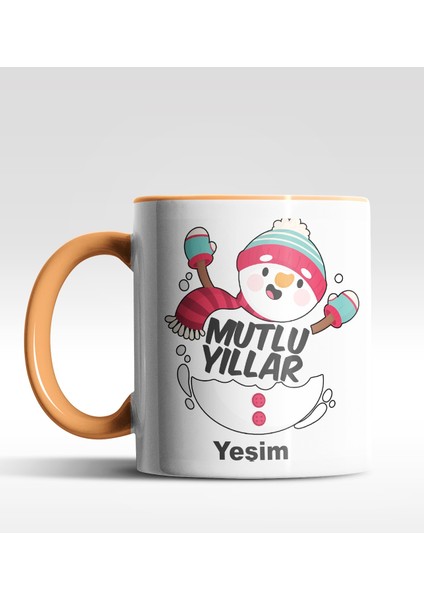 Kişiye Özel Mutlu Yıllar Kardan Adam Tasarımlı Turuncu Kupa