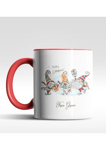 Kişiye Özel Gnome 3'lü Cüce Tasarımlı Kırmızı Kupa