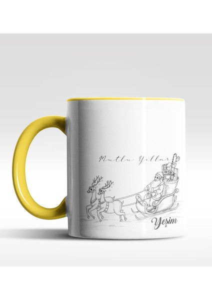 Kişiye Özel Mutlu Yıllar Noel Baba Tasarımlı Sarı Kupa