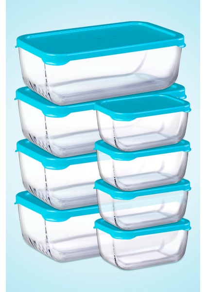 8 Parça Snowbox Saklama Kabı Takımı - Mavi Kapaklı / 4 Büyük + 4 Orta