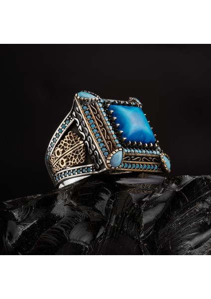 925 Ayar Gümüş Erkek Yüzük Yeşil Akik Taşı Firuze Kare Şık Takı