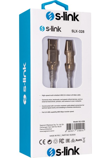 Slx-328 S-Lınk 3 Metre Usb 2.0 Yazıcı Kablosu (Am-Bm)