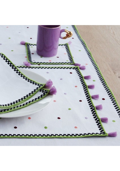 Renkli Puantiyeli Mor Püsküllü Damalı Desen Dekoratif Amerikan Servis (2 Adet) modelleri