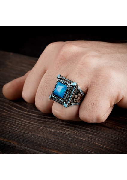 925 Ayar Gümüş Erkek Yüzük Yeşil Akik Taşı Firuze Kare Şık Takı fiyatları