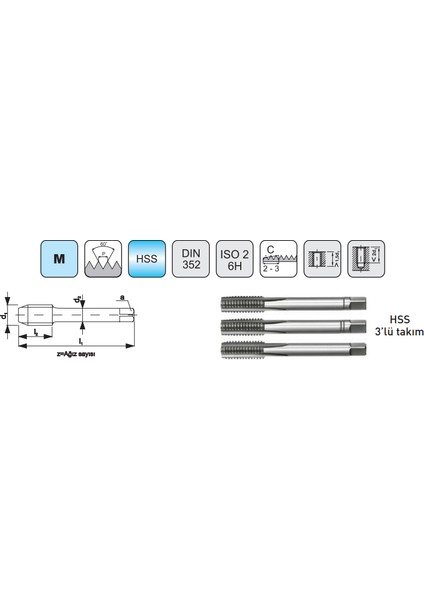 DIN352 Klavuz Takım M18 Set 3 Parça