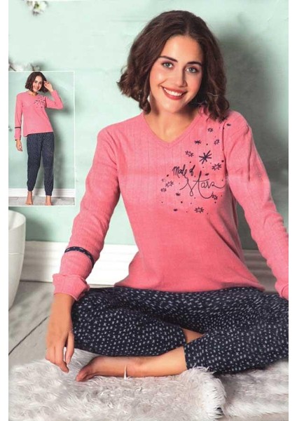 Fawn Kadın Yıldız Baskı Uzun Kol Manşetli Pijama Takımı (8233)