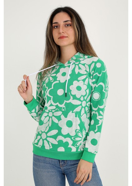 Yeşil &beyaz Çiçek Desenli Kapşonlu Kadın Sweatshirt